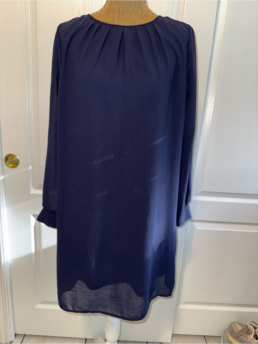 H&M Deep Navy Long-Sleeve Pleated Neck Shift Dress